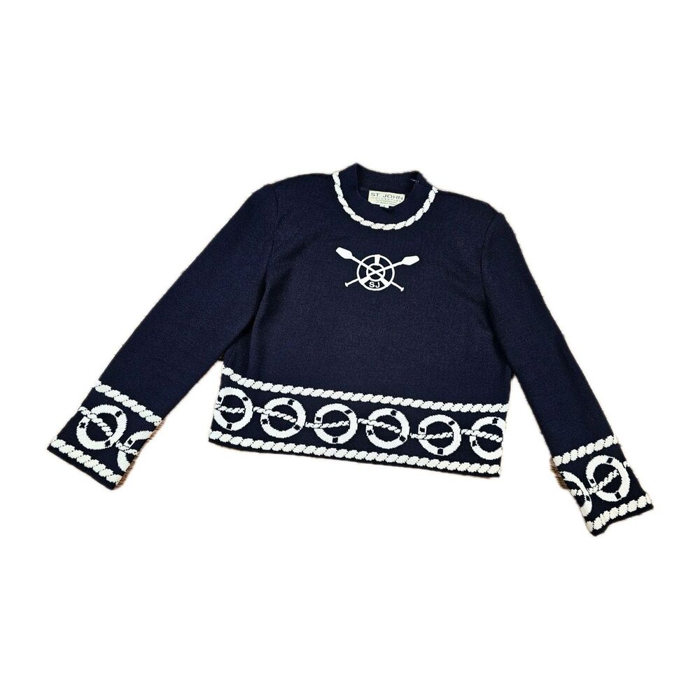 St. John Collection Santana Knit Nautical Marine Yacht Sweater Navy Womens S